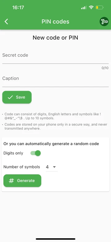 7ID: PIN-kód vagy kód generálása