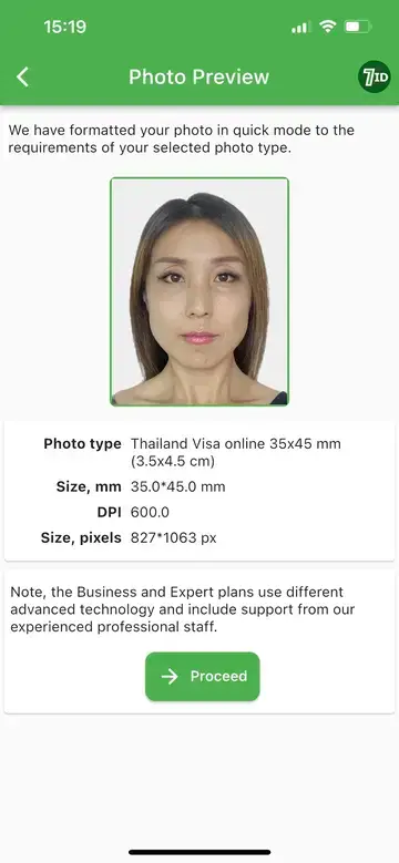 Aplicación 7ID: muestra de fotografía para visa de Tailandia