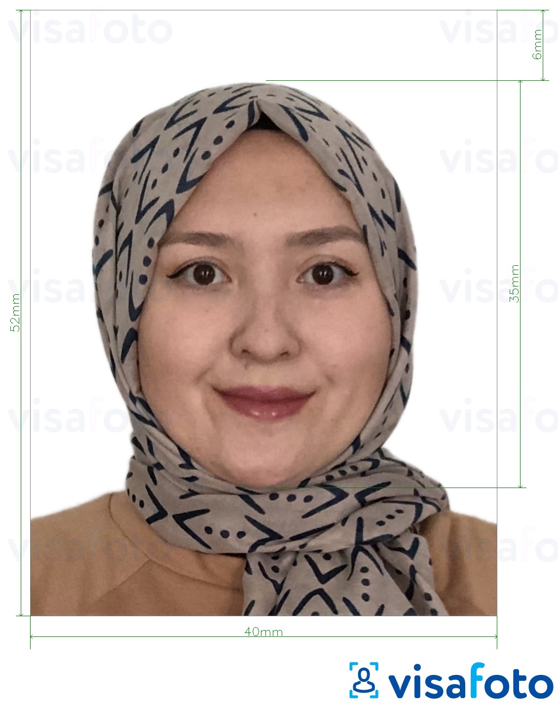 Бруней паспорты 5.2x4 см (52х40 мм) үшін нақты мөлшер өлшемі бар фото үлгісі