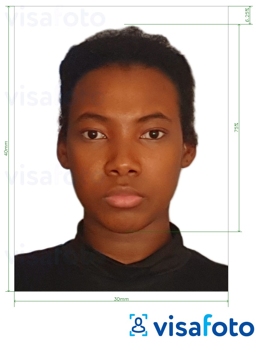 Ботсвана паспорты 3x4 см (30x40 мм) үшін нақты мөлшер өлшемі бар фото үлгісі