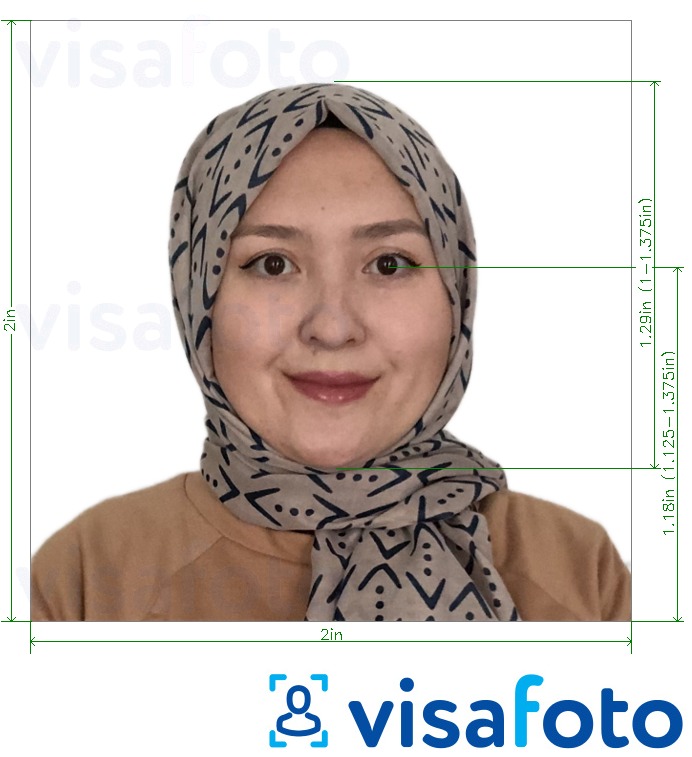 Индонезия Visa 2x2 дюйм (51x51 мм) үшін нақты мөлшер өлшемі бар фото үлгісі