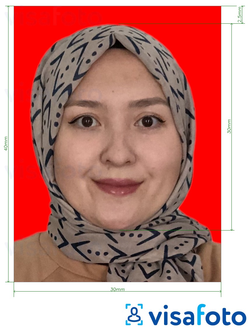 Индонезия визасы 3x4 см (30x40 мм) онлайн қызыл фоны үшін нақты мөлшер өлшемі бар фото үлгісі