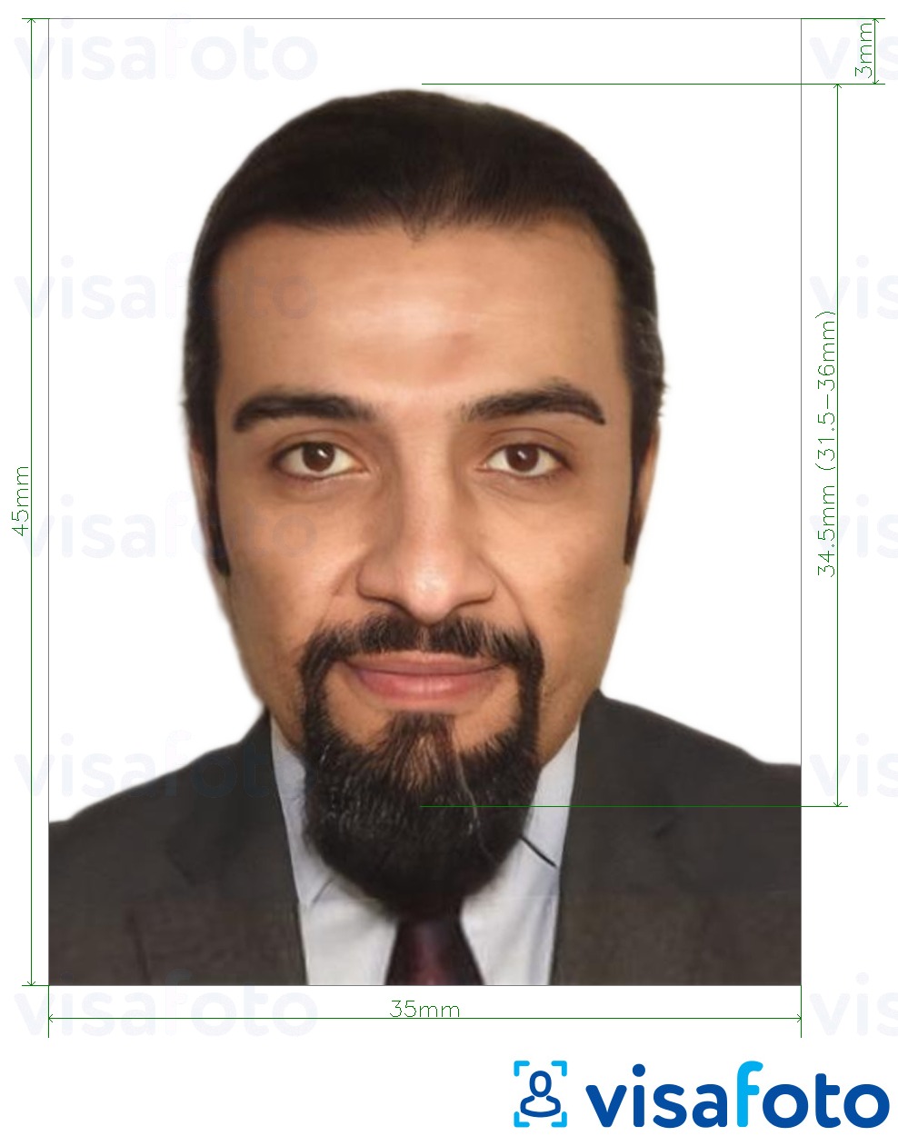 Ирак паспорты 35x45 мм (3,5x4,5 см) үшін нақты мөлшер өлшемі бар фото үлгісі