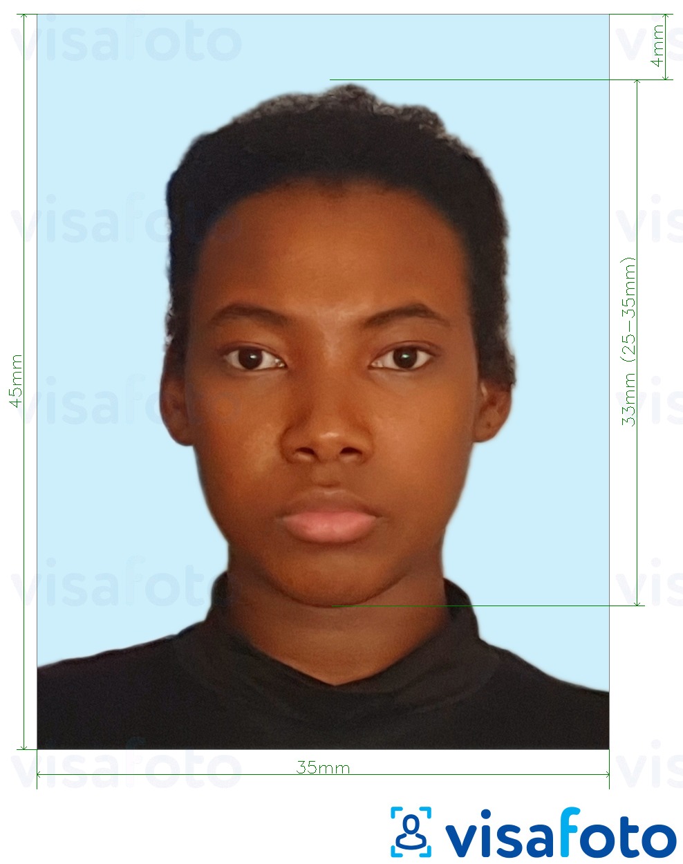 Ямайка паспорты 35х45 мм ашық көк фон үшін нақты мөлшер өлшемі бар фото үлгісі