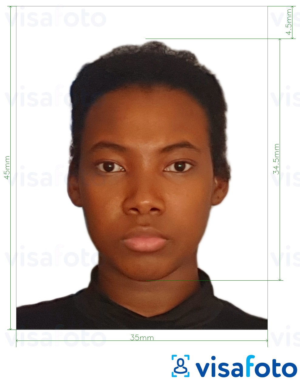 Кения паспорты 35х45 мм үшін нақты мөлшер өлшемі бар фото үлгісі