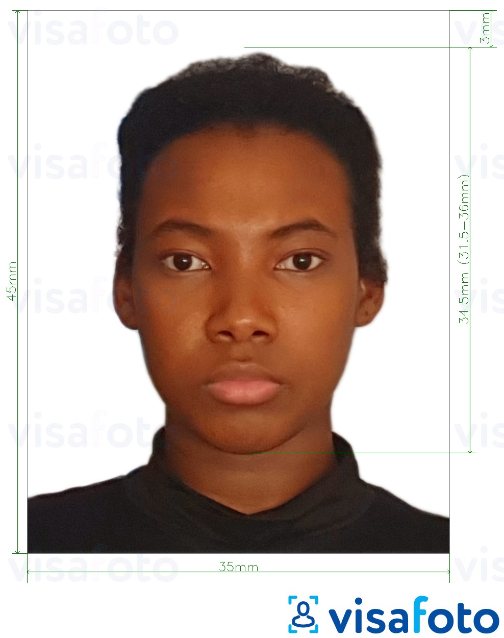 Либерия паспорты 35x45 мм (3,5x4,5 см) үшін нақты мөлшер өлшемі бар фото үлгісі