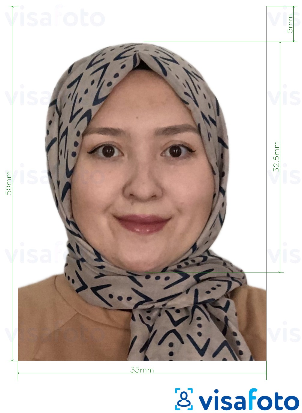 Малайзия eVisa онлайн-қосымшасы 35x50 мм үшін нақты мөлшер өлшемі бар фото үлгісі