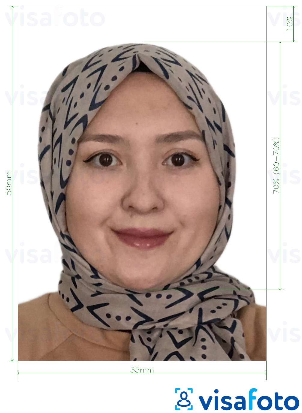 Малайзия Visa 35x50 мм ақ фоны үшін нақты мөлшер өлшемі бар фото үлгісі