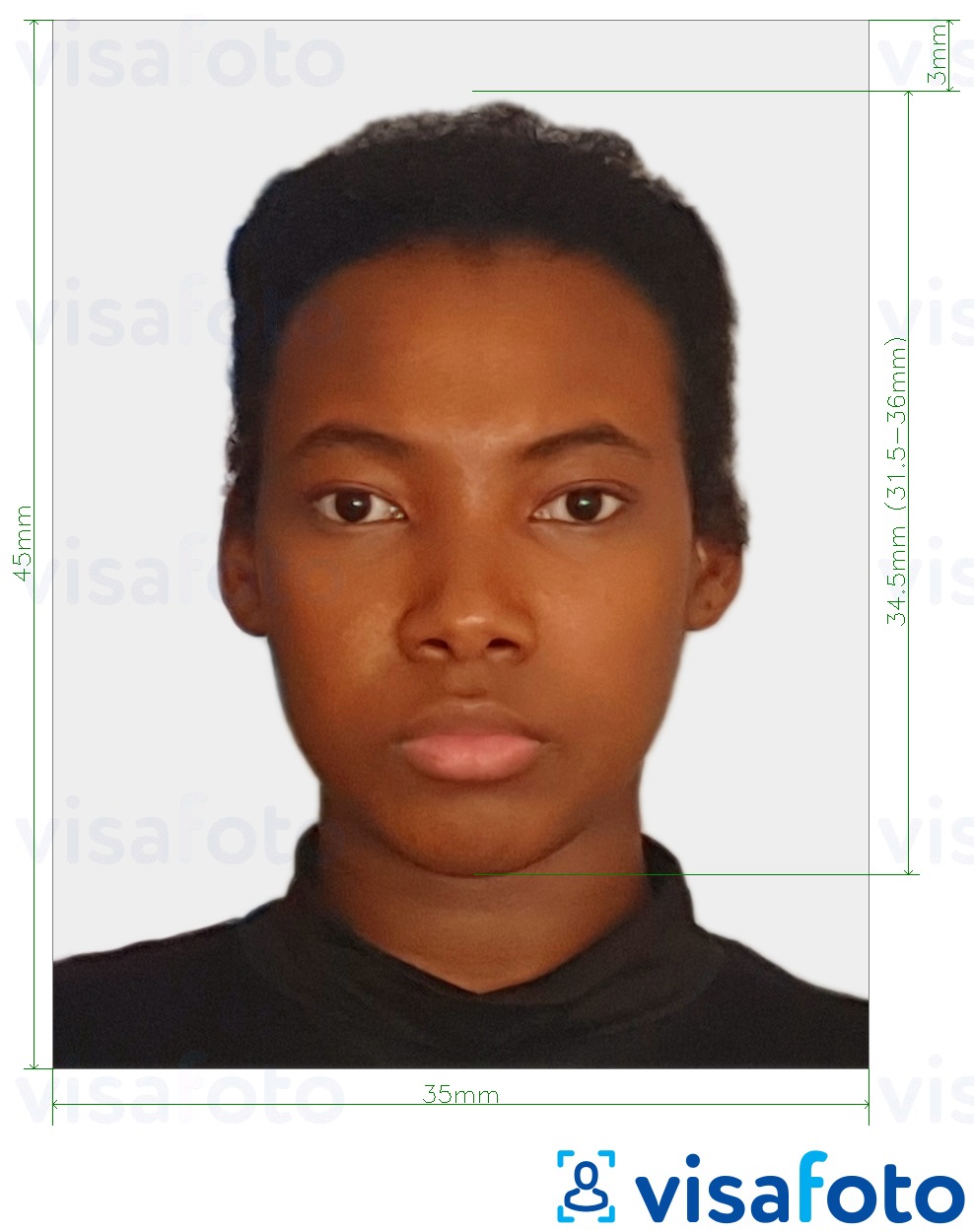 Того паспорты 4,5x3,5 см (45х35 мм) үшін нақты мөлшер өлшемі бар фото үлгісі