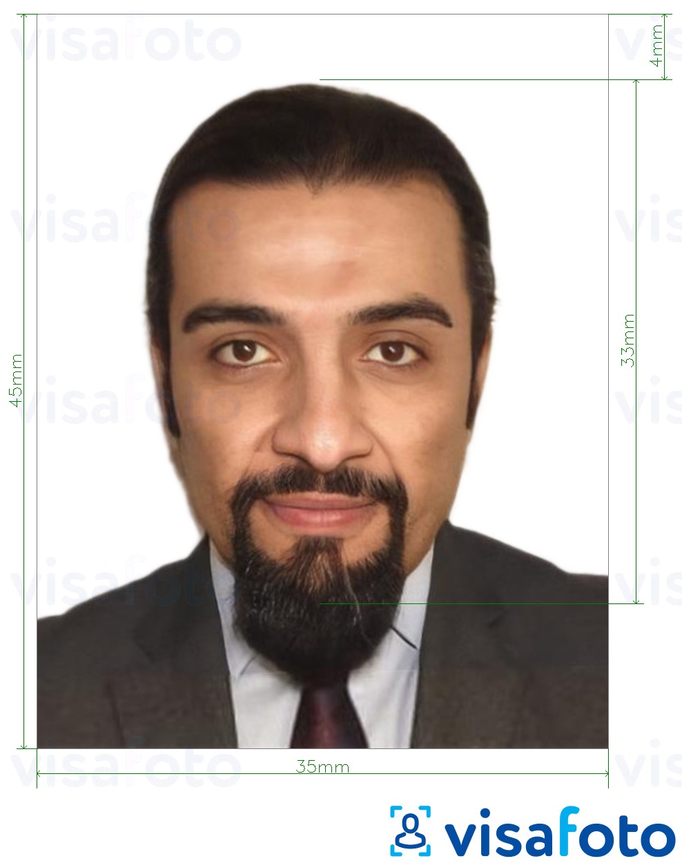 Тунис ID картасы 3,5x4,5 см (35x45 мм) үшін нақты мөлшер өлшемі бар фото үлгісі