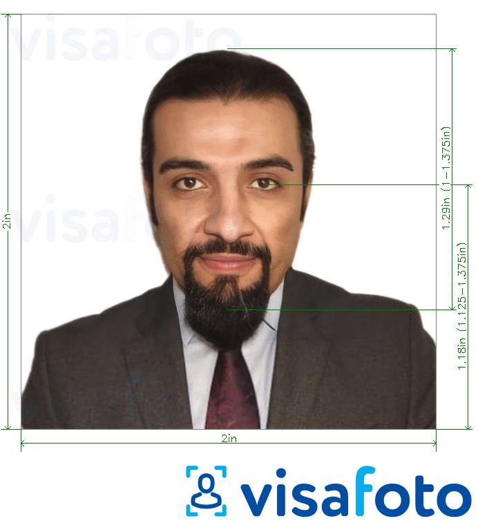 Тунис паспорты 2x2 дюйм (АҚШ-тан) үшін нақты мөлшер өлшемі бар фото үлгісі