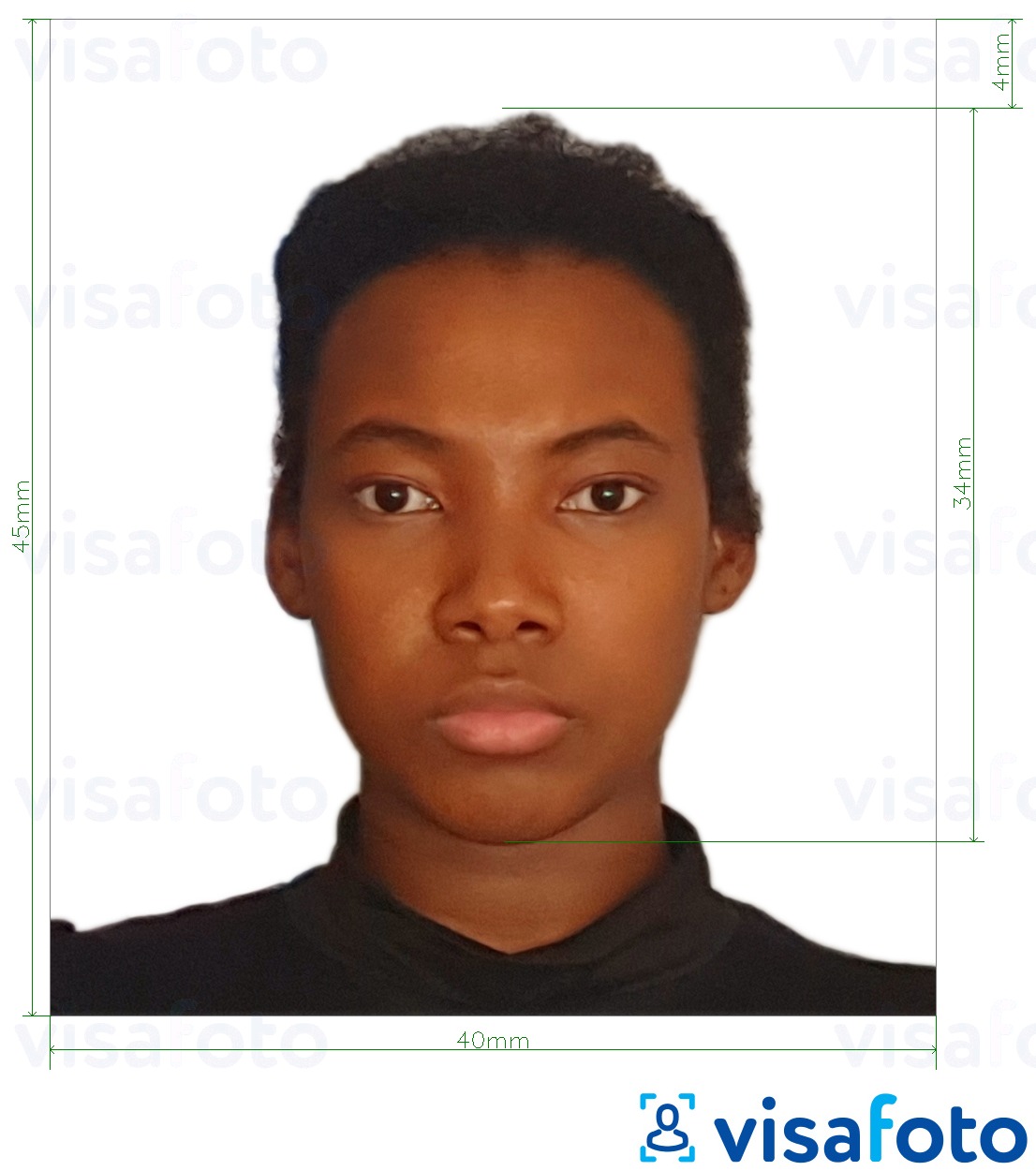 Танзания паспорты 40х45 мм (4x4.5 см) үшін нақты мөлшер өлшемі бар фото үлгісі
